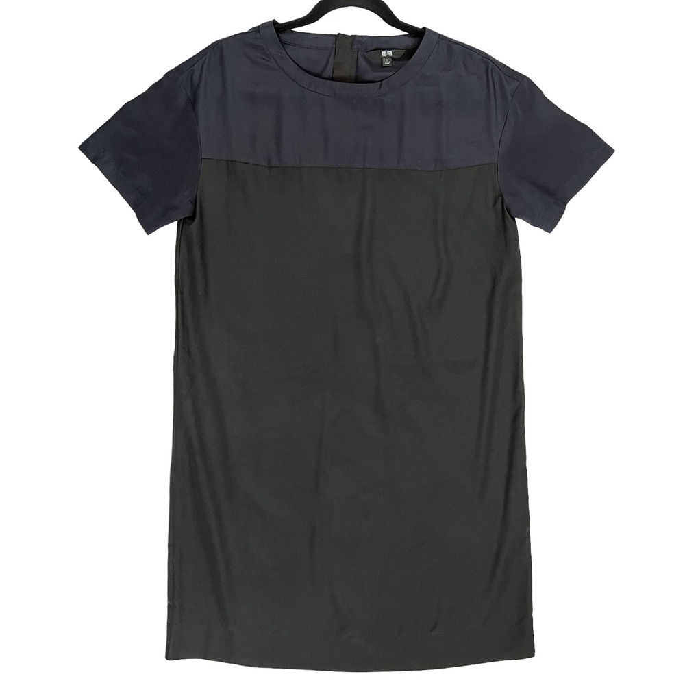 Uniqlo Silky Colorblock Short Sleeve Midi Shirt Dress Navy Black S